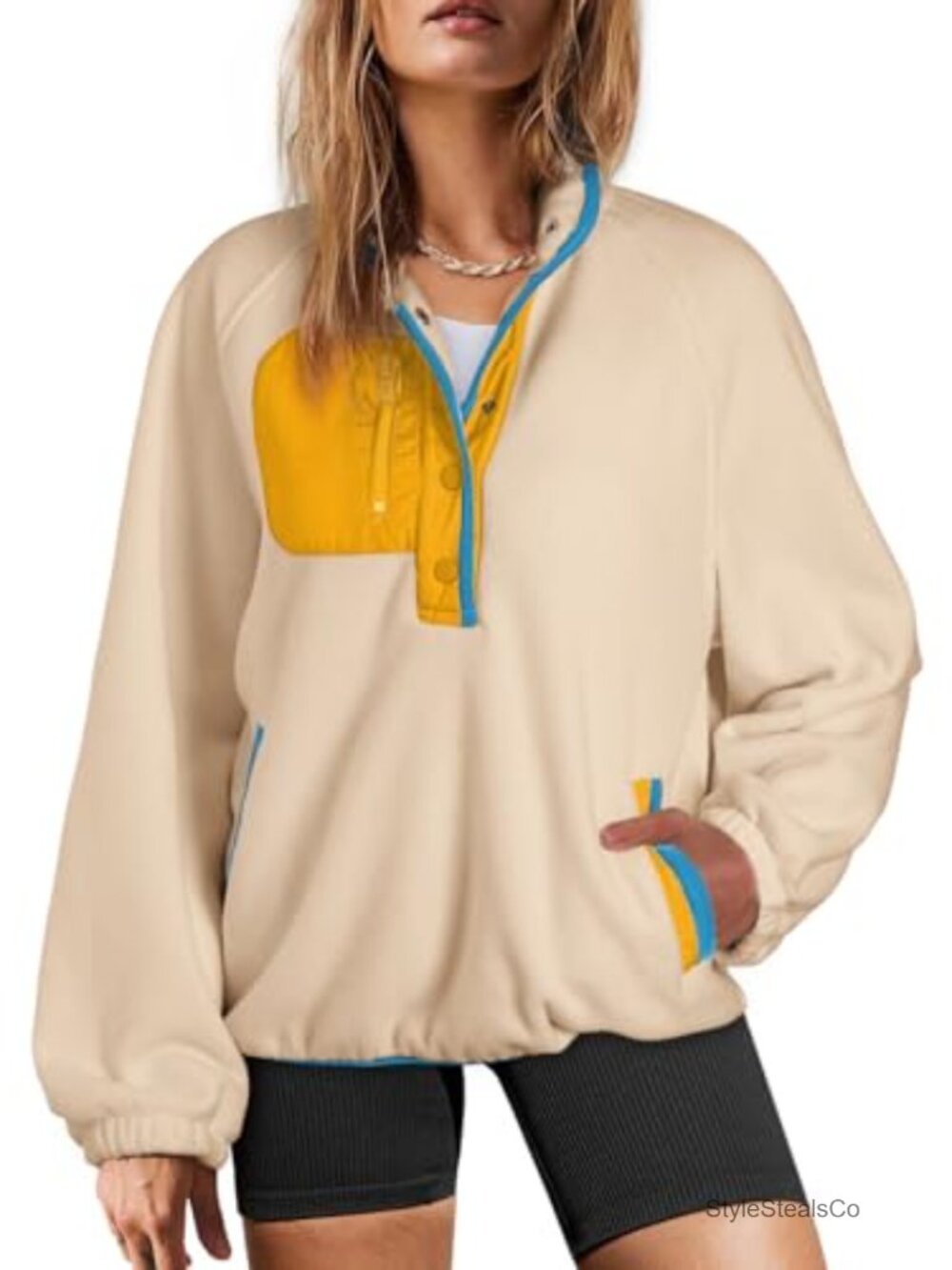 Oversized Sherpa Fleece Color Block Button Pullover Sweatshirt